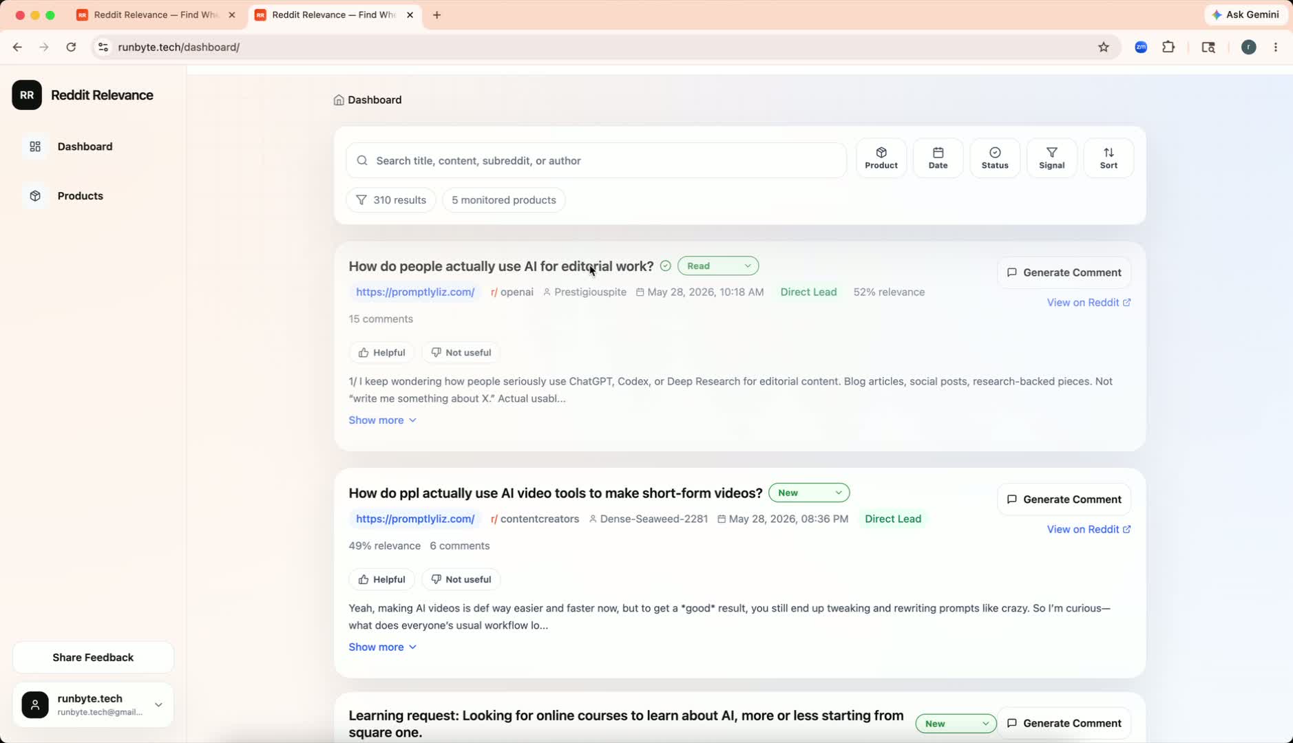 Signals filter in the Reddit Relevance dashboard